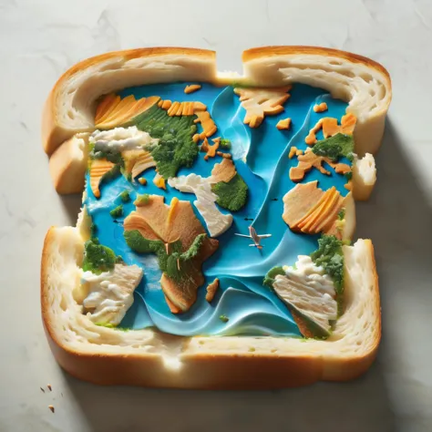 sandwich d&#39;art conceptuel avec une carte du monde dessus, Illustration de nourriture étonnante, art culinaire, griller, manipulation créative de photos, des graphismes photoréalistes époustouflants, illustration très détaillée, Pain, battle griller, Incroyablement complexe, photoshop créatif, Fait de nourriture, art incroyablement détaillé, publicité alimentaire, cartographie carte art, Nourriture fantastique, Image de nourriture super réaliste, photo haute résolution,société cg,Station artistique . oeuvre numérique, illustratif, pictural, Peinture mate, très détaillé  . oeuvre numérique, illustratif, pictural, Peinture mate, très détaillé