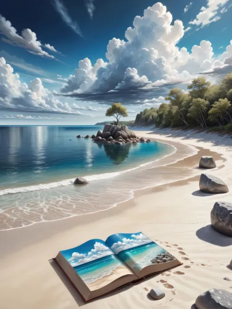  a painting of a beach with rocks in the water and clouds in the sky over the water and the beach and the shore line of the water is clear and the water with rocks in the sand and the water, no humans, outdoors, scenery, cloud, ocean, sky, day, beach, rock, tree, water, blue sky, horizon, waves, shore, sand, cloudy sky a giant surreal book,open art,in |,masterpiece,cloudy solo,sky sky,standing daily 1other,behind,art outdoors,fantasy front beeple 3 scenery,man cloud,standing,artgem water,landscape,beeple,style,d symmetrical realism from and | of artwork,render digital,cloud,sky,solo,scenery