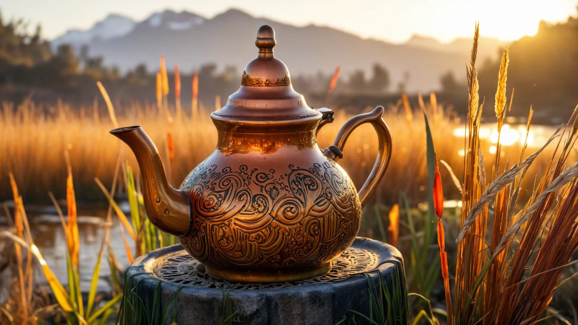 (teapot:1.2) , it is Groovy, winter reeds, at Golden hour, Vibrant Color, unreal engine, extremely detailed CG Unity 8k wallpaper, expressive, Atai
