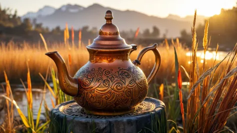 (teapot:1.2) , it is Groovy, winter reeds, at Golden hour, Vibrant Color, unreal engine, extremely detailed CG Unity 8k wallpape...