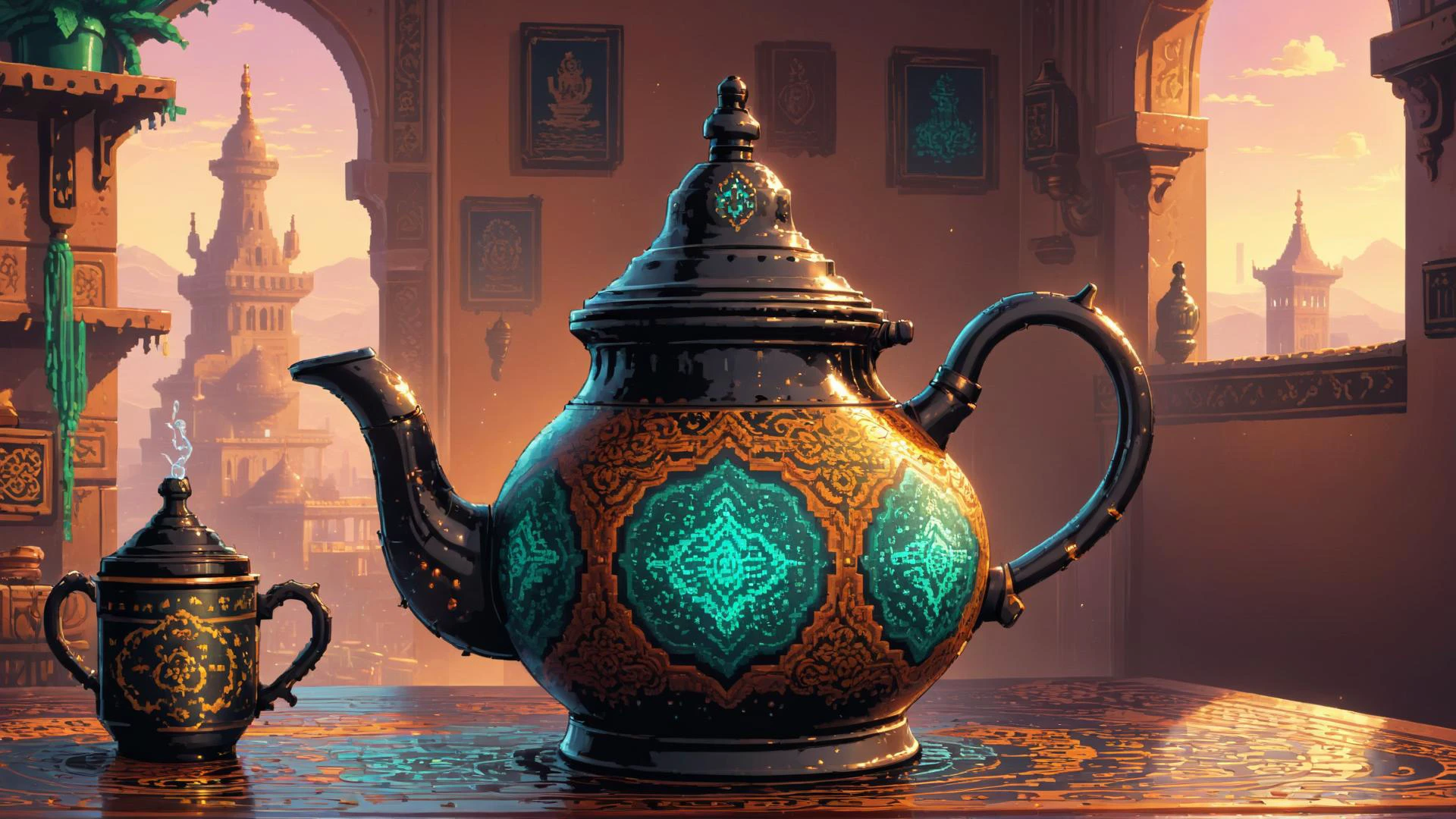 пиксель арт, Физический рендеринг, заварочный чайник,  сделанный Levi&#39;s, внутри магического реализма, Вапорпанк, ой 