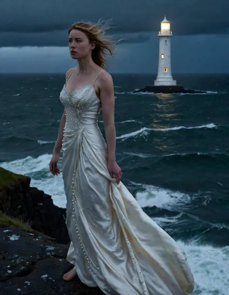 on a stormy night by the irish sea, josie stands defiantly atop a windswept cliff in her cascading ivory silk gown adorned with ...