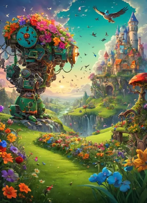 a painting of a fantasy castle with flowers and a clock tower