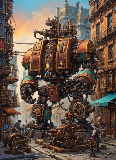 a painting of a giant mechanical robot in a city