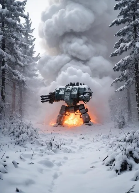 a large robot is in the middle of a snowy forest