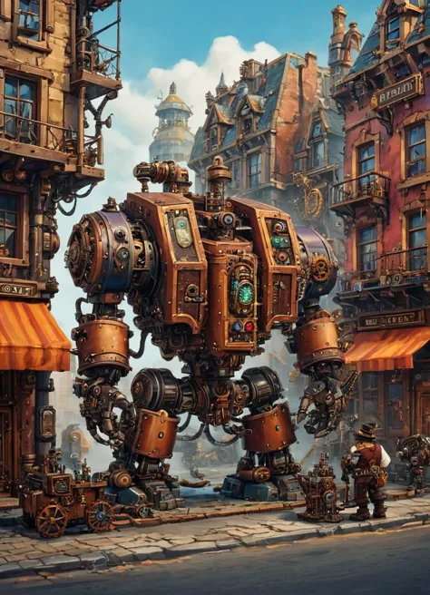 a painting of a giant mechanical machine in a city