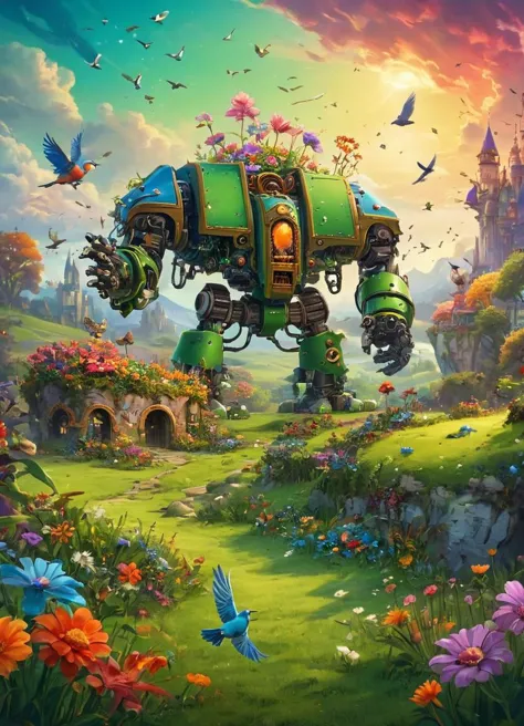 a painting of a giant robot in a field with flowers