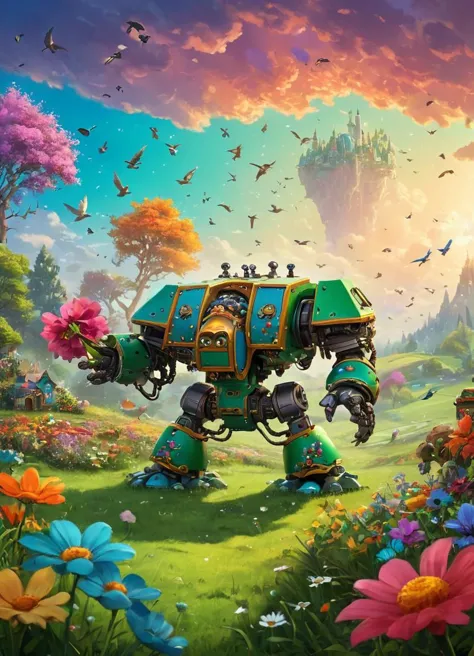 a painting of a giant robot in a field of flowers