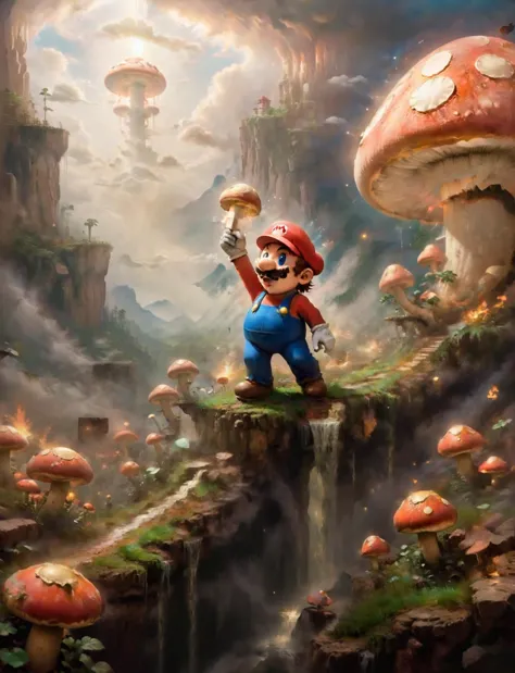 An oil painting depicting of Mario holding a mushroom in the mushroom kingdom, heavenly aura, , divinity, SMB Artstyle, masterpi...