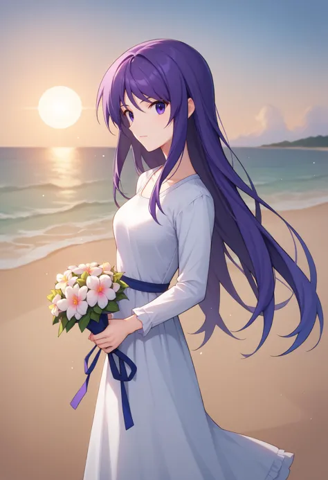 anime girl with purple hair and blue dress holding flowers on beach