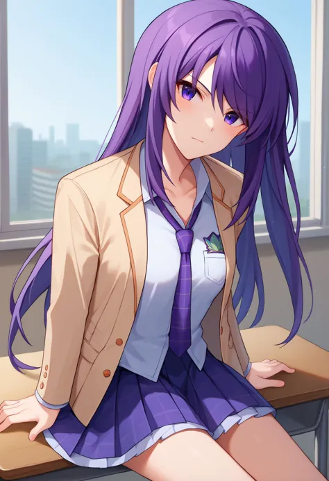 anime girl with purple hair sitting on a desk in a room