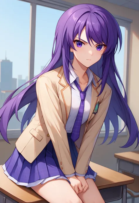 score_9, score_8_up, score_7_up, BREAK 1girl, solo, SenaAoi, purple eyes, purple hair, long hair, medium breasts, <lora:SenaAoiPDXL_V1-Manityro-CAME:1.0>, indoors, classroom, window, city,
looking at viewer, sitting, on desk, v arms,
uniform, emblem, beige jacket, white shirt, collared shirt, plaid necktie, purple necktie, pleated skirt, purple skirt,