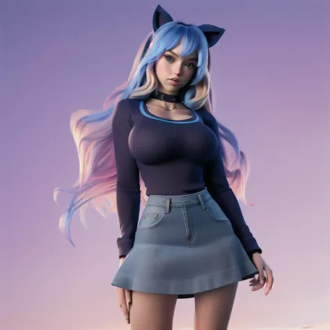 a woman with blue hair and a cat ears poses for a picture