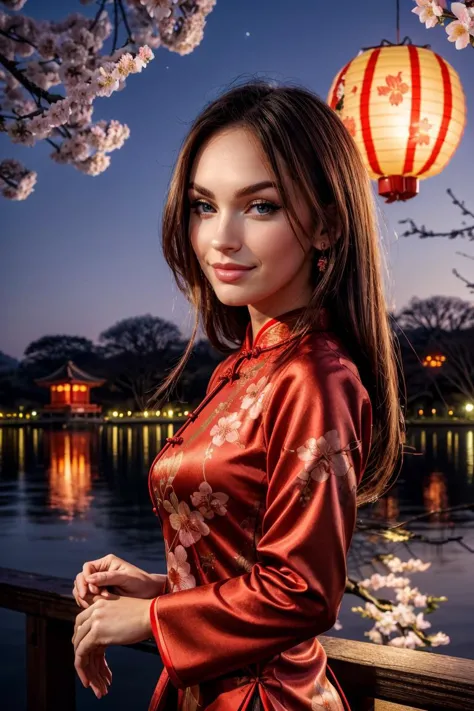 wearing a Cheongsam, shiny silk, floral design, looking at viewer, smirk, happy, medium shot, standing, outside, lake, night tor...