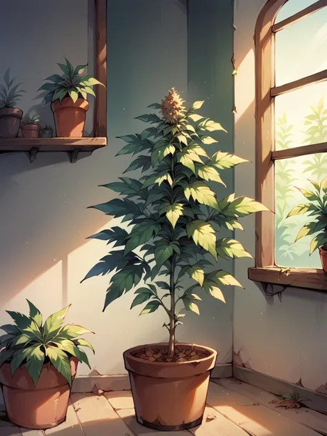 there are two potted plants in front of a window