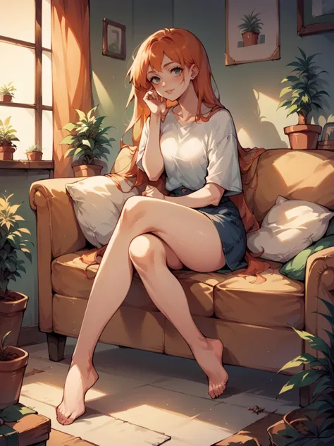 anime girl sitting on a couch with her legs crossed