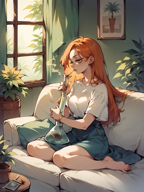 anime girl sitting on a couch with a bottle of beer