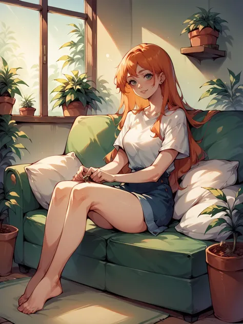 anime girl sitting on a couch with a remote control in her hand