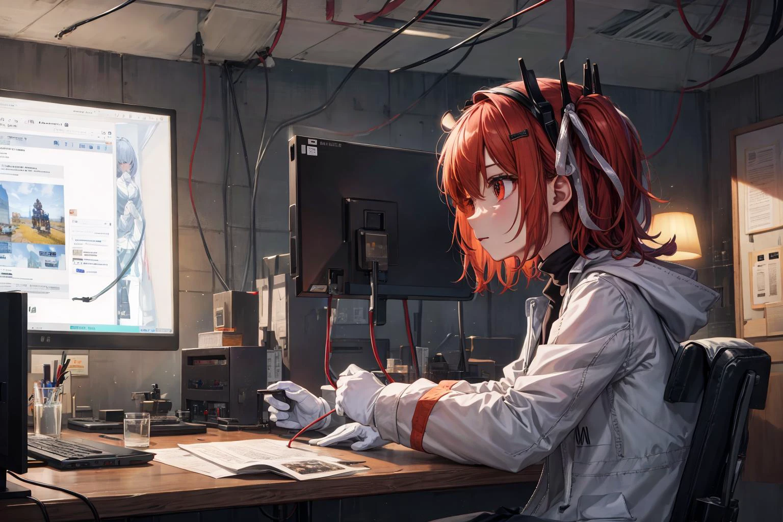 Anime girl sitting at a desk with a computer and a monitor - SeaArt AI