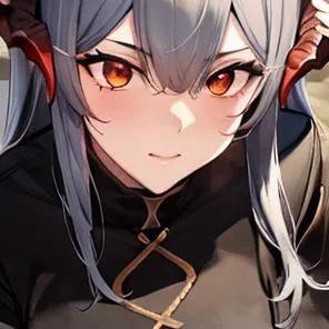 anime girl with long gray hair and red eyes in black outfit