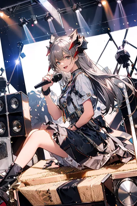 anime girl sitting on a stage with a microphone and a microphone