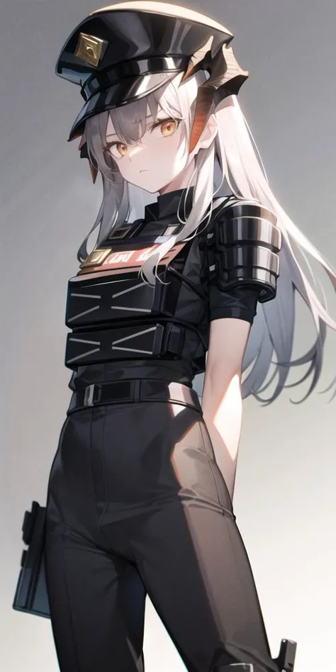 the law, official alternate costume,1girl, hat,black headwear,black shirt, grey hair, horns, simple background, arms behind back, plate carrier,uniform, pants,orange eyes, looking at viewer, belt, <lora:saria_locon_v1b:0.7>