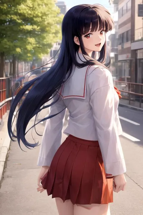 a woman with long black hair standing on a sidewalk in a skirt