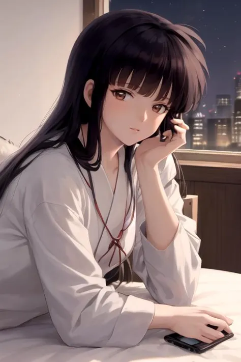 anime girl with long black hair sitting on bed with cell phone