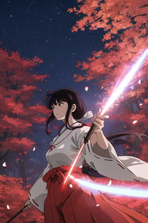 a woman in a red skirt holding a sword in front of a tree