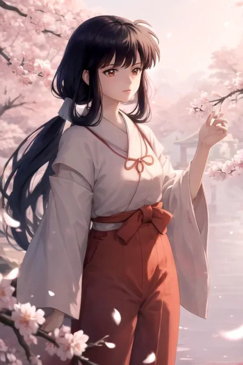 a woman in a kimono outfit standing in front of a cherry tree