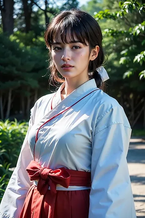 araffe woman in a white and red dress standing in a park