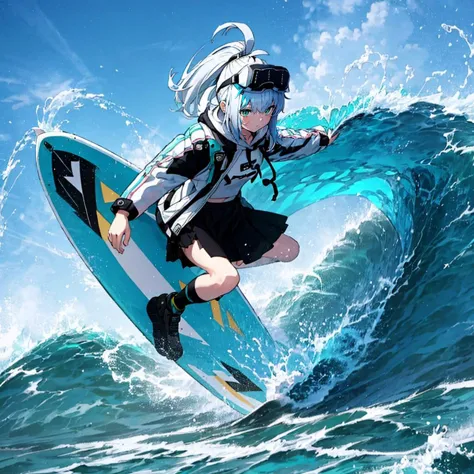 <lora:epinel-000012:0.8>,epinel \(nikke\),white hoodie, open jacket, drawstring, black skirt, beach, surfing,