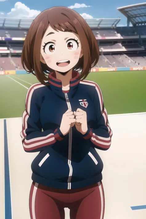 ochaco_uraraka, 1girl, smile, solo, open_mouth, blush_stickers, blush, jacket, stadium, teeth, track_jacket, :d, breasts, facing...