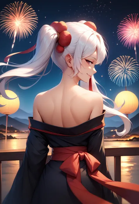 score_9, score_8_up, score_7_up, from behind, solo, 1girl, rcaltair, smile, looking back, white hair, twintails, black kimono, off shoulder, red sash, bare shoulders, fireworks <lora:recreators_altair_ponyXL:1>