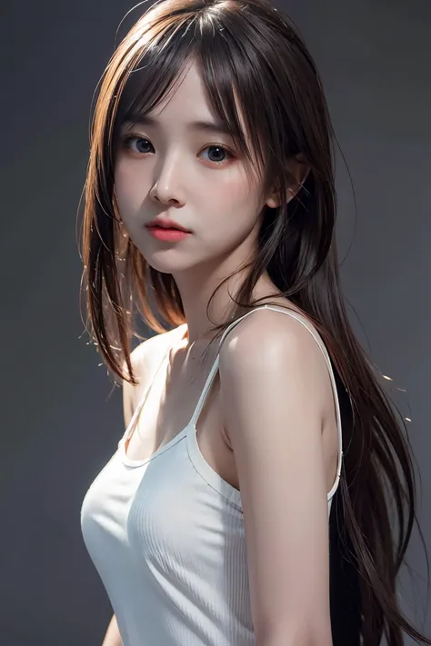 1girl, long hair, White top, (isolated on dark-grey background:1.2), from front, standing, (soft lighting:1.2), shot on Canon EOS 5D, BREAK
(upper body:1.2), , best quality, ultra high res, (photorealistic:1.4), masterpiece, real life skin, hyper real, perspective, detailed beautiful eyes and detailed face, <lora:Munkaew-02:1>