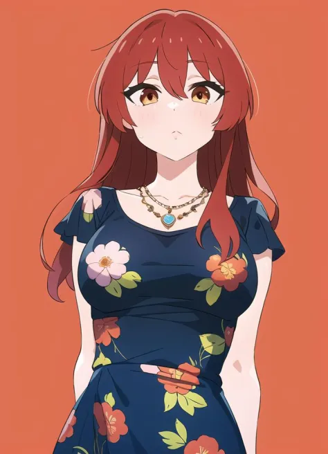 girl, standing, flower print dress, necklace, makeup, large_breasts, red_hair, shiny_skin, arms_behind_back, solo, simple_backgr...