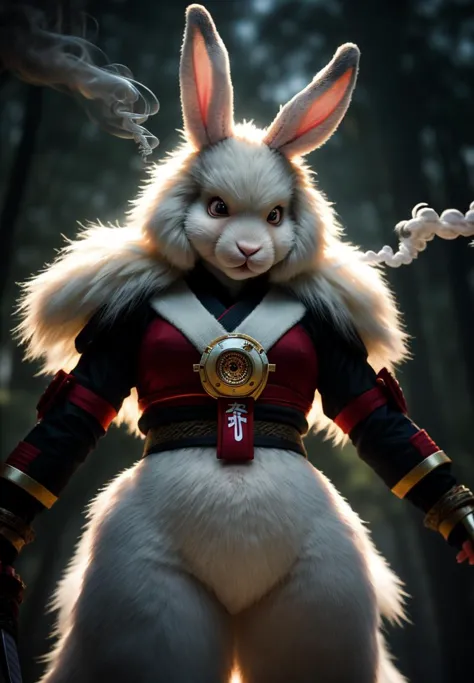 a close up of a rabbit dressed in a costume with a gun