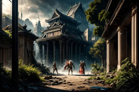 a group of people standing in front of a building in a fantasy setting