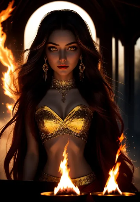 a woman in a gold bikini and fire ring