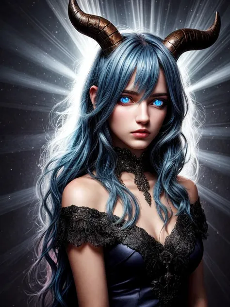 realistic, 1girl, blue hair, horns, multicolored eyes, glowing, blue eye, purple eye, bare shoulders, demon eyes, magic circle, ...