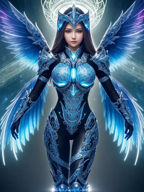 a woman in a blue costume with wings and a halo