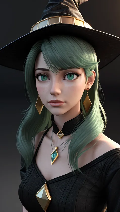 a woman with green hair wearing a black hat and green hair