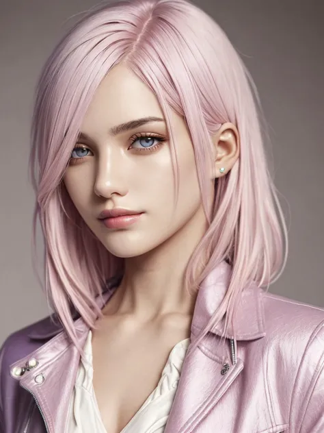 intricate details, thin, ((slim)), beautiful girl, Light pink hair, white skin, light purple eyes, sharp jawline, cropped jacket, messy hair, lips, upper body, close up, smirk