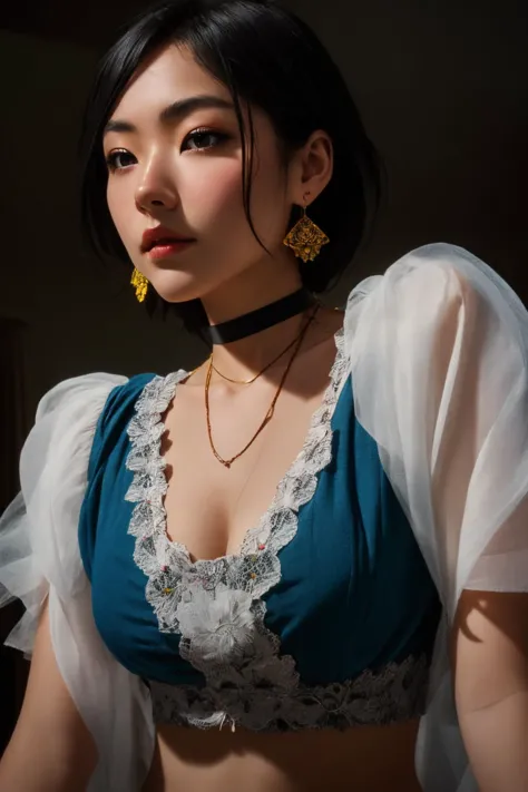 <lora:choi-tamako-01:0.6> choi mochimazzi, 1girl, earrings, choker, sidelocks
beautiful woman, detailed eyes, long eyelashes, eyeshadow, hot colors, (yellow, red),
(masterpiece), (best quality), 21 yo woman, large breasts, nsfw, hetero,, photorealistic, photograph, photo, dlsr, FujiFilm, extremely high detail, (volumetric lighting), (dynamic lighting), godrays, Rembrandt lighting, real shadows, intricate detail