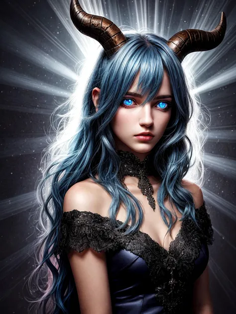 a woman with blue hair and horns on her head