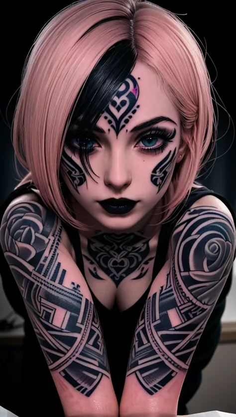 a close up of a woman with tattoos on her arms