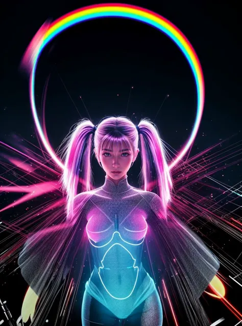 a woman in a bodysuit with a neon halo around her