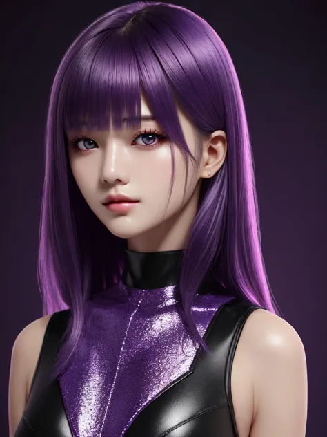 1girl, star eye, blush, perfect illumination, distinct, unreal engine, sidelighting, (bright skin:1.1), ulzzang-6500-v1.1, soft smile, (face focus:1.1), ((dark purple hair)), (simple background), (dark background), (depth of field), bodysuit, close-up