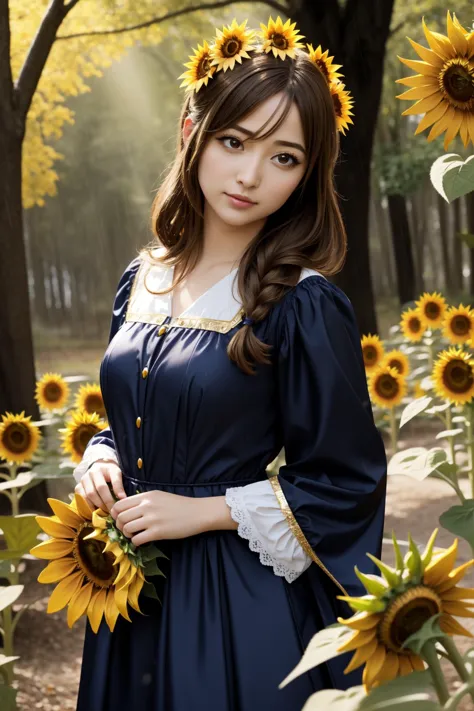 a close up of a woman in a dress and sunflowers