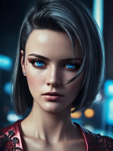 beautiful pale cyberpunk female with heavy black eyeliner, blue eyes, shaved side haircut, hyper detail, cinematic lighting, mag...